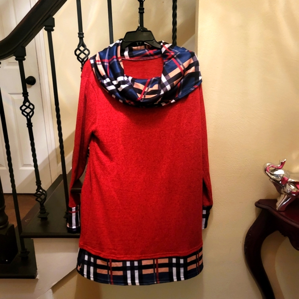 Red cowl neck long sleeve tunic style dress. Size L.